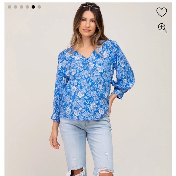 Pinkblush Blue Floral Paisley Button Front 3/4 Sleeve Maternity Top - Picture 4 of 13